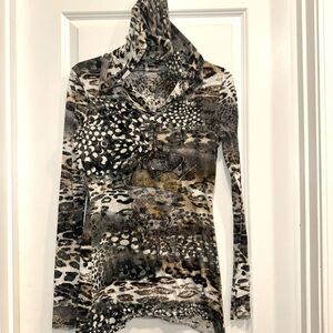 Vintage y2k Heart Hooded Sweater Top Grunge Sz M Burnout Animal Asymmetrical Hem